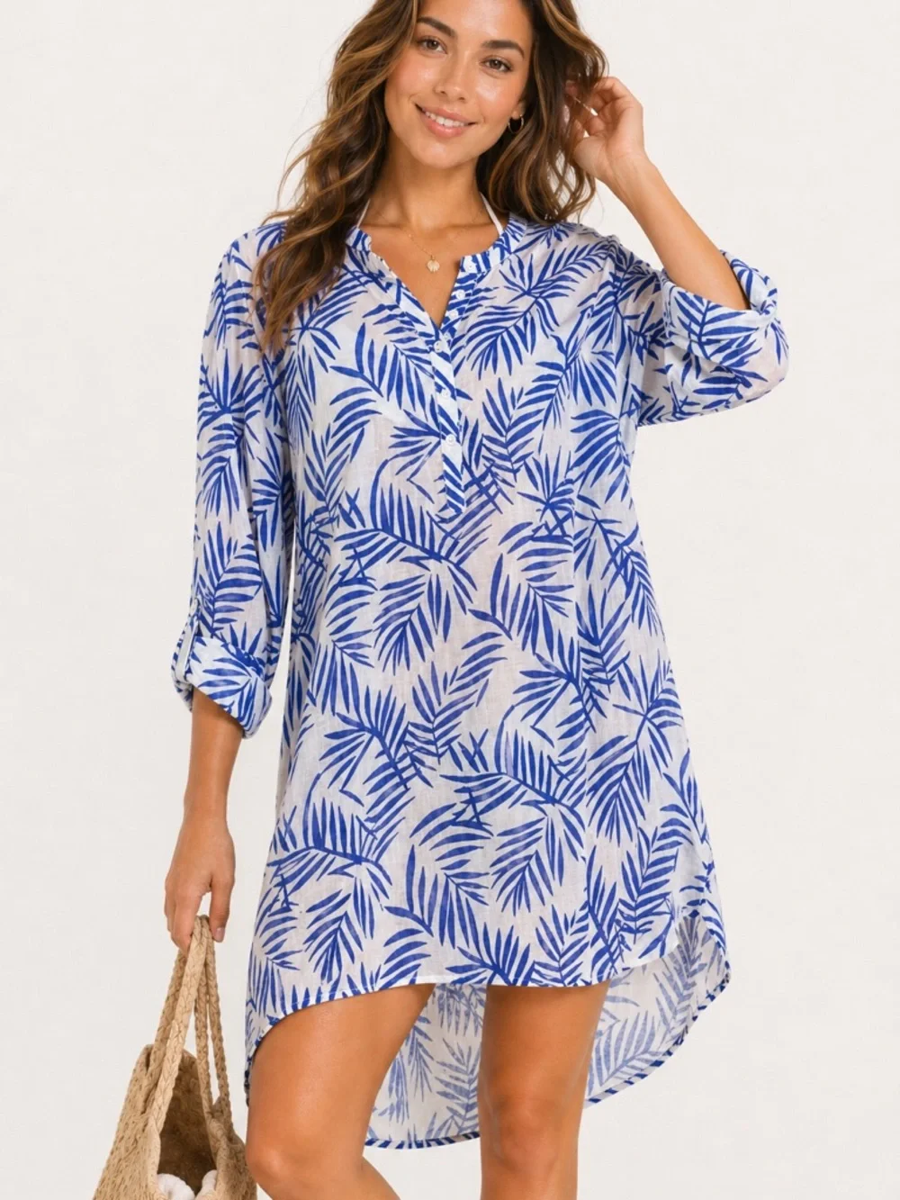 Galeries Lafayette Blue Tropical Print Beach Cover-Up Tunic Dress Size S/M